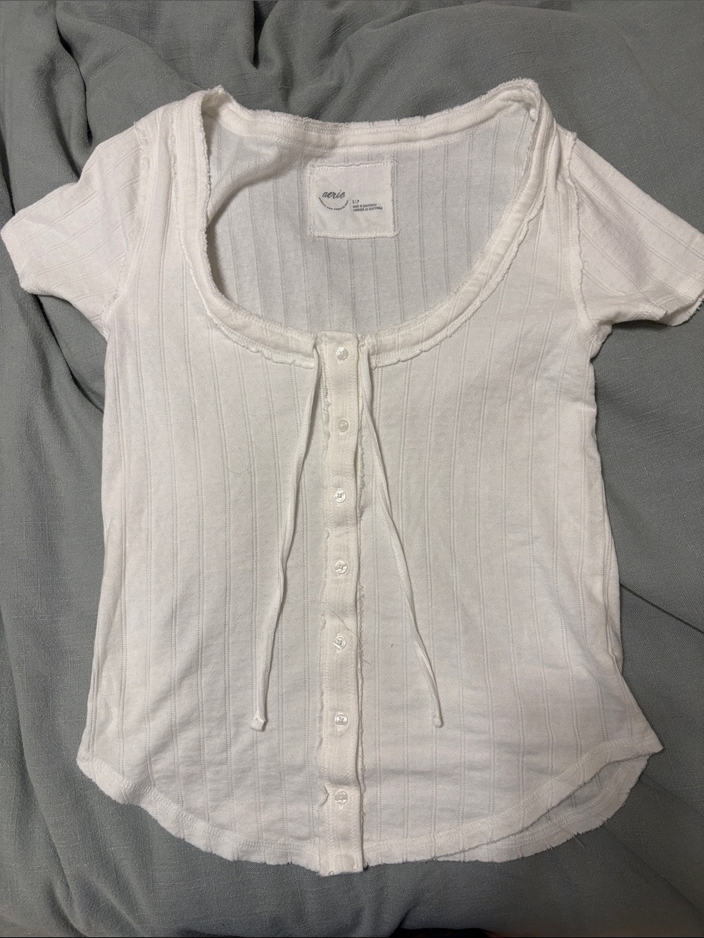 aerie White Ribbed Scoop Neck Button-Down Top
